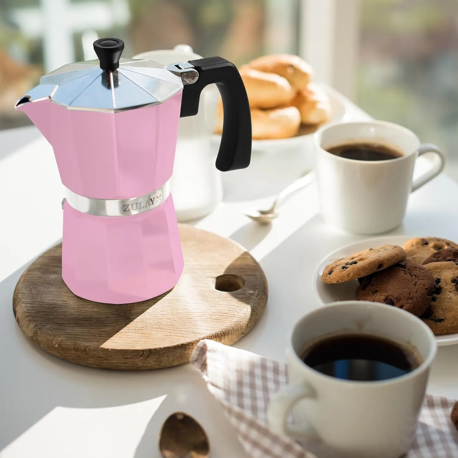 Zulay Moka Pot Espresso Stovetop Coffee Maker - Leak-Proof, Stainless Steel, Easy to Clean, Heat Resistant Handle & Knob - for Authentic Cuban & Italian Style Espresso - Makes 3 Espresso Cups - Pink