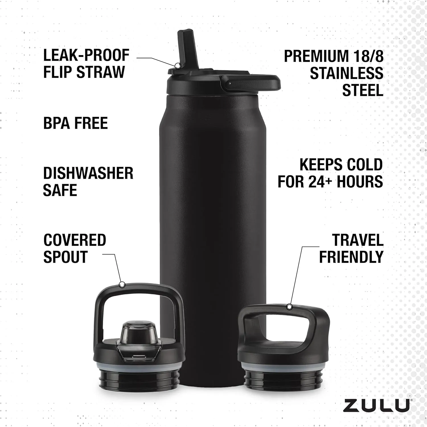 ZULU Base 40oz Stainless Steel Water Bottle with 3 Lids- Straw, Chug, Twist | Double Walled and Vacuum Insulated Metal Thermos | For Gym, Outdoor | Built in Carry Loop, Dishwasher Safe, Black