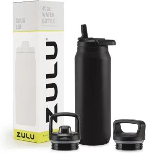 ZULU Base 40oz Stainless Steel Water Bottle with 3 Lids- Straw, Chug, Twist | Double Walled and Vacuum Insulated Metal Thermos | For Gym, Outdoor | Built in Carry Loop, Dishwasher Safe, Black