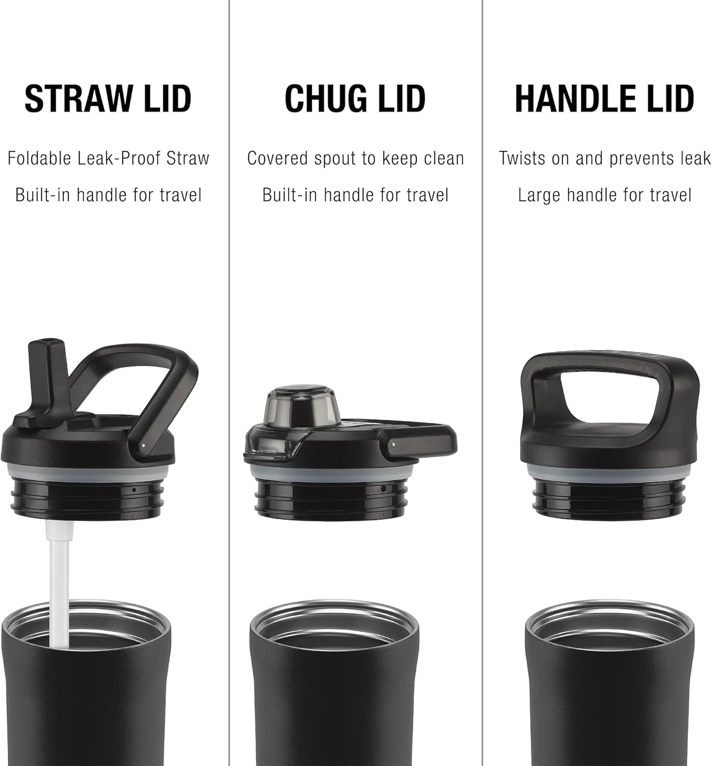 ZULU Base 40oz Stainless Steel Water Bottle with 3 Lids- Straw, Chug, Twist | Double Walled and Vacuum Insulated Metal Thermos | For Gym, Outdoor | Built in Carry Loop, Dishwasher Safe, Black