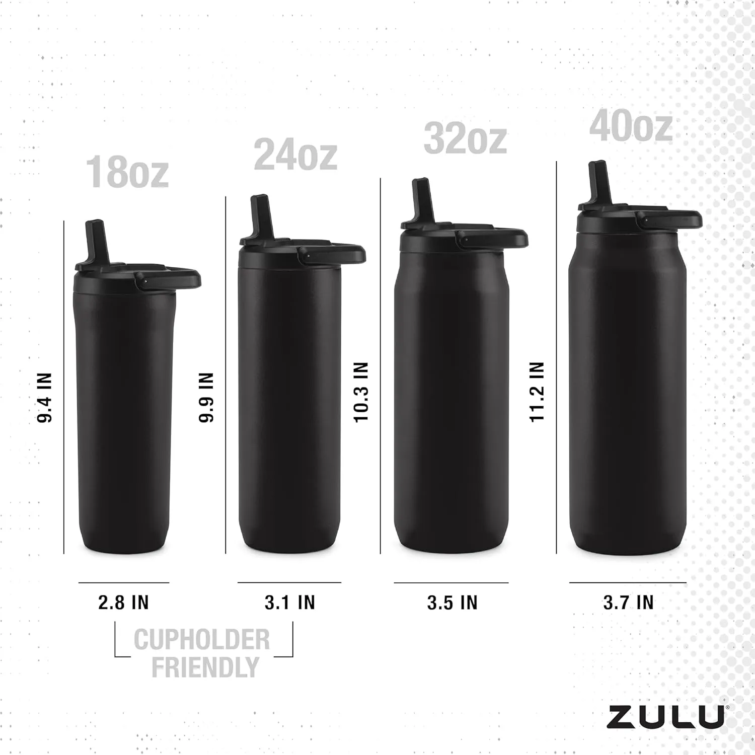 ZULU Base 40oz Stainless Steel Water Bottle with 3 Lids- Straw, Chug, Twist | Double Walled and Vacuum Insulated Metal Thermos | For Gym, Outdoor | Built in Carry Loop, Dishwasher Safe, Black